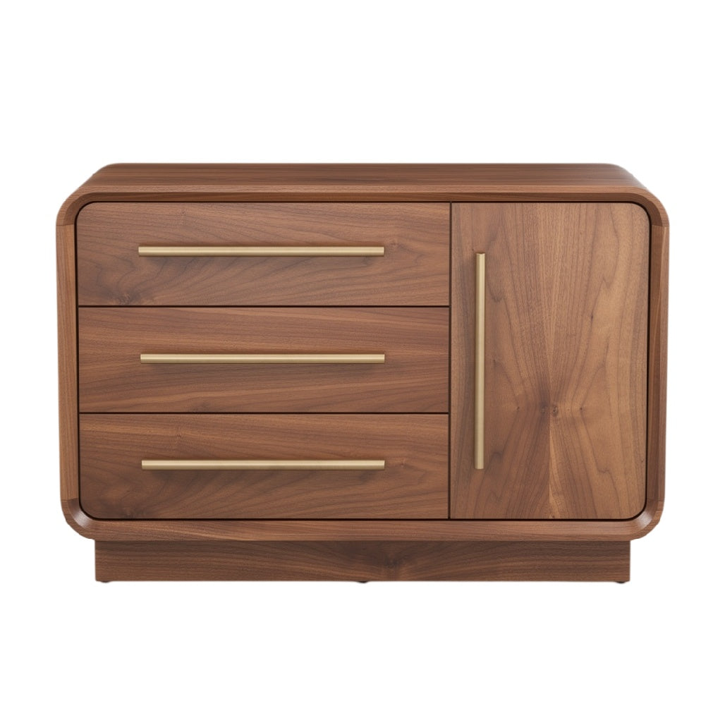 Commode en noyer avec trois tiroirs et une porte