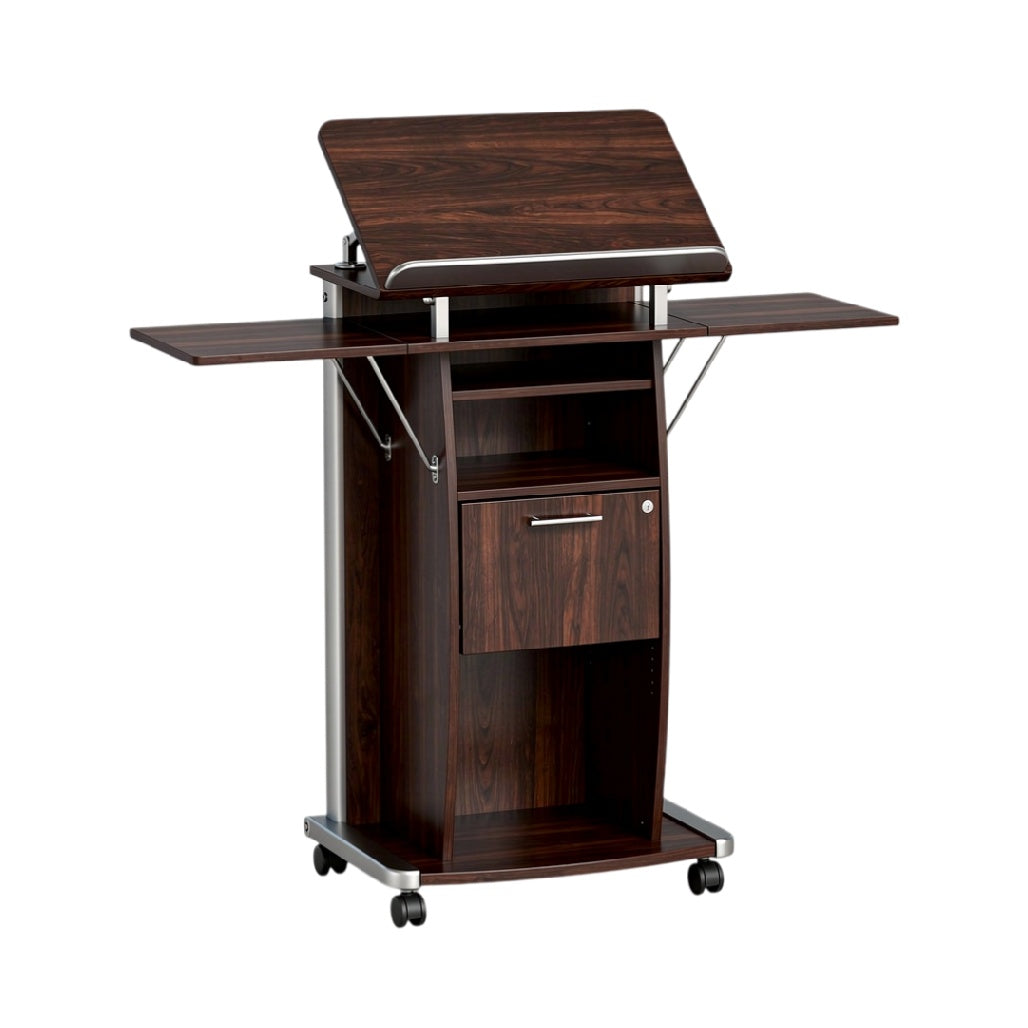 Bureau mobile en bois avec plateau inclinable et rangements intégrés